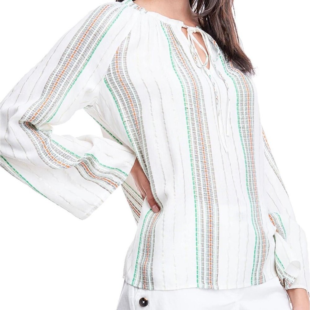 Fever Womens Large Off White Feel Striped Tie Neck Long Sleeve Top NWT E13